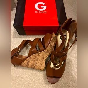 Size 9.5 G by guess womens medium brown leather cork heel platform wedge sandals